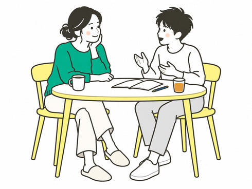 親子で話すきっかけに。母親と子どもがテーブルを囲むイラスト